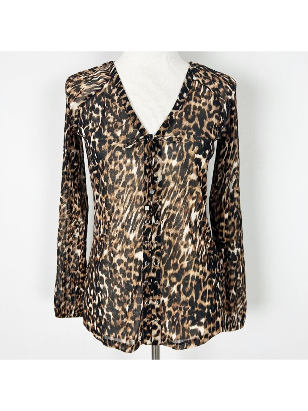 Y2K INC Animal Print Nylon Mesh Stretch Lace Up Long Sleeve Top Size Small Women